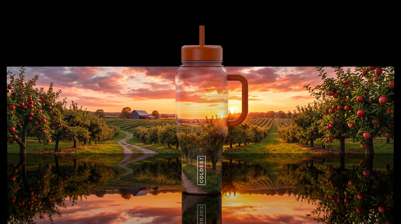 Sunset over apple orchard water bottle design