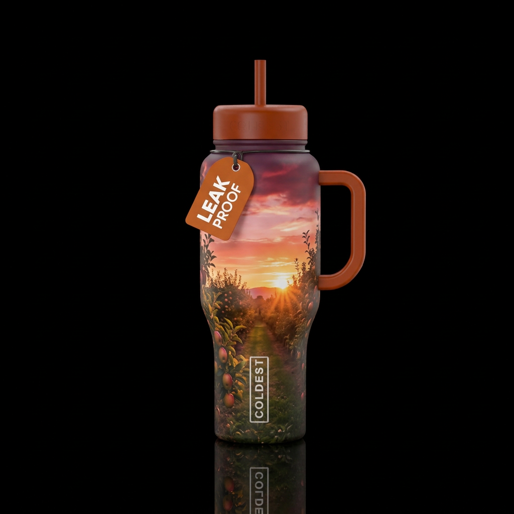 Sunset over apple orchard water bottle design