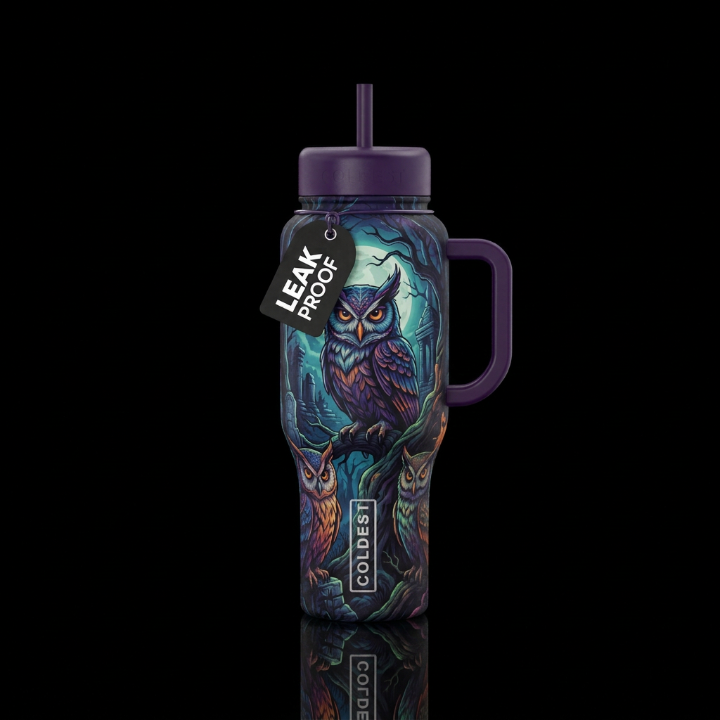 Haunted owls water bottle design