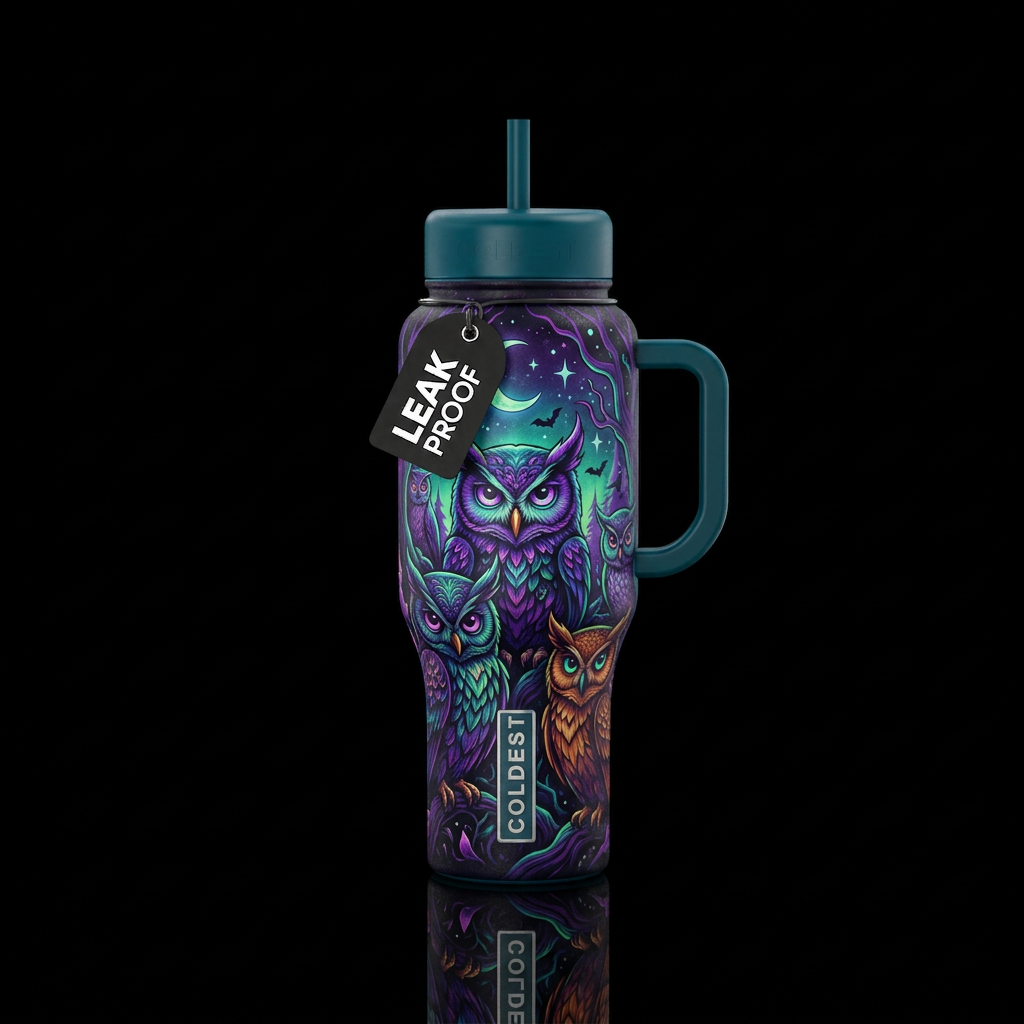 Haunted owls water bottle design