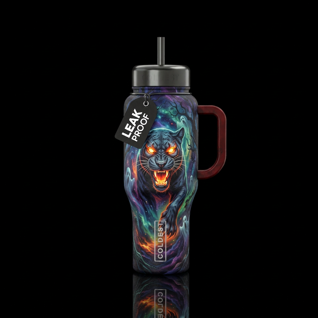 panther, scary, haunted, darkness water bottle design