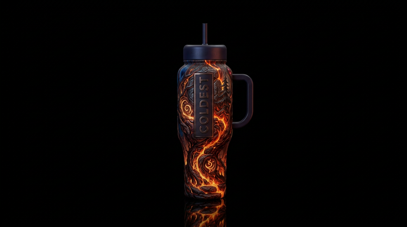 darkness, haunted, dark mood, firery, luxurious water bottle design