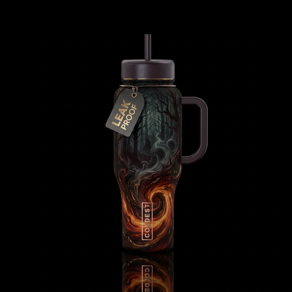 darkness, haunted, dark mood, firery, luxurious water bottle design