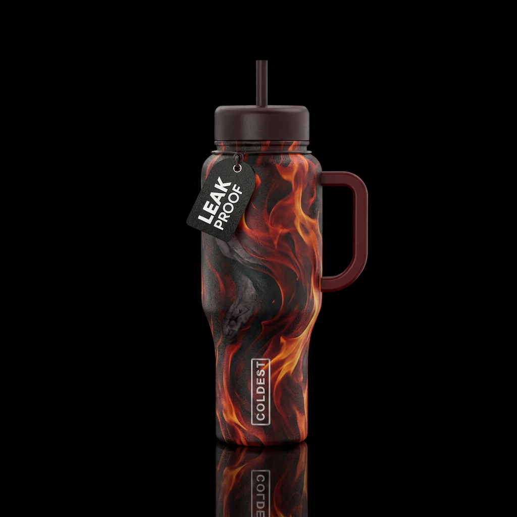 darkness, haunted, dark mood, firery, luxurious water bottle design