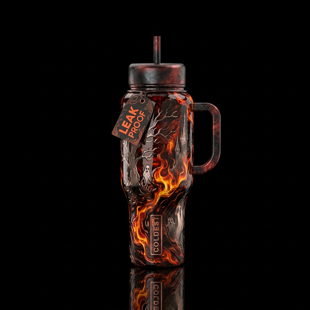 darkness, haunted, dark mood, firery, luxurious water bottle design