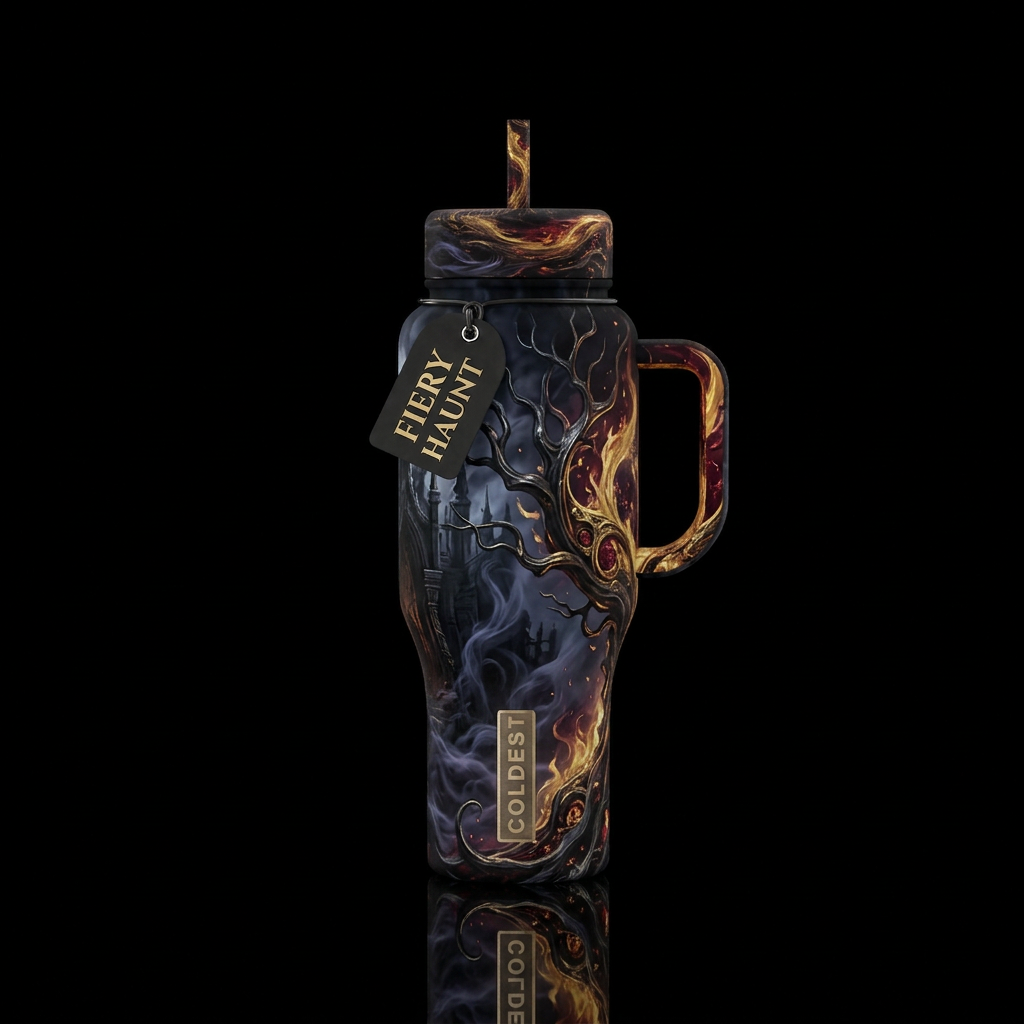 darkness, haunted, dark mood, firery, luxurious water bottle design