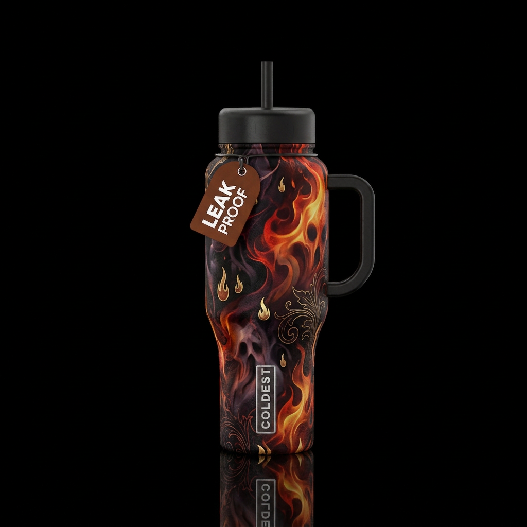 darkness, haunted, dark mood, firery, luxurious water bottle design