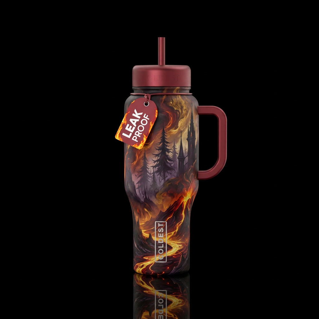 darkness, haunted, dark mood, firery, luxurious water bottle design