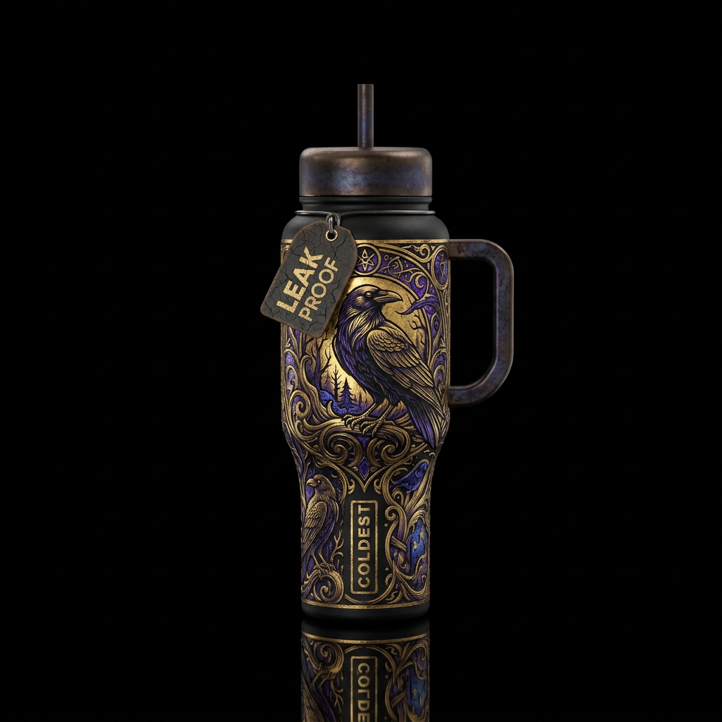 gold, raven, magical, scary, dark mood, haunted water bottle design