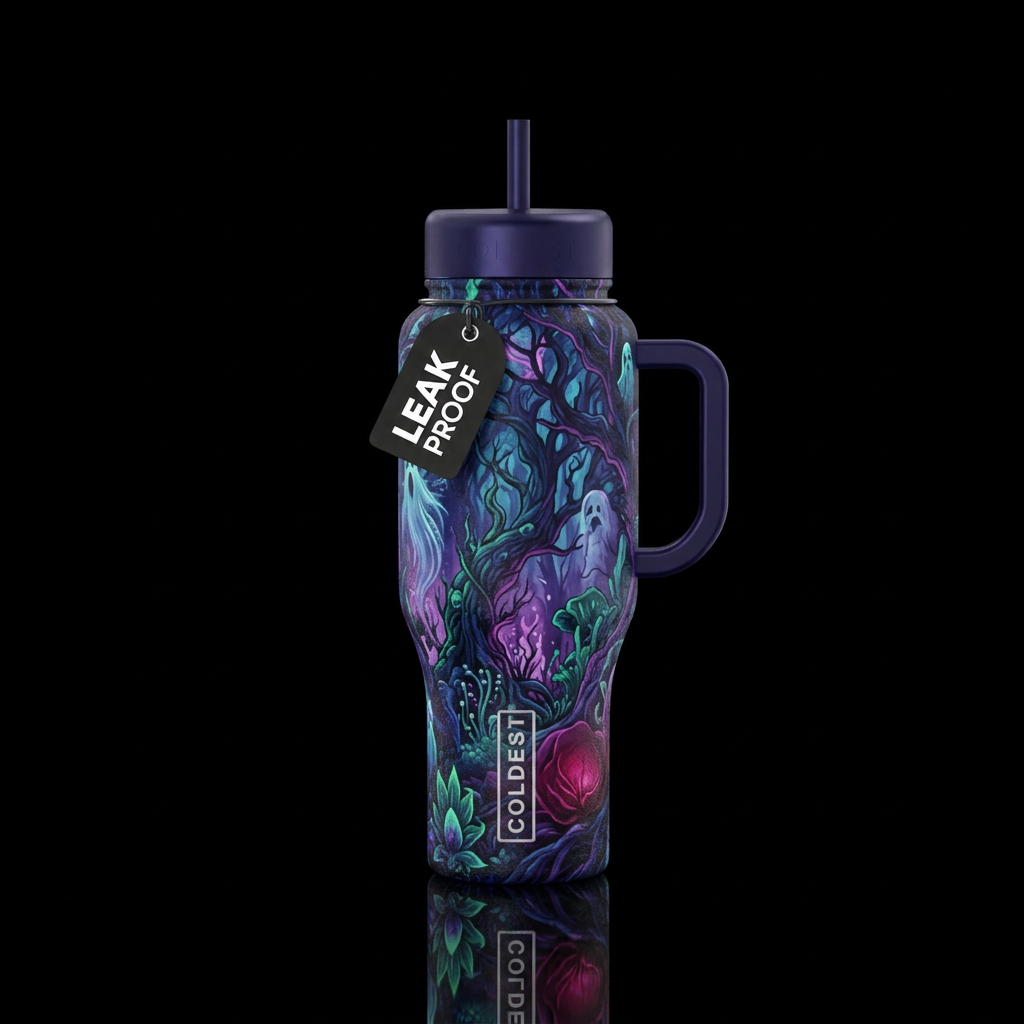 darkness, haunted, dark mood, luxurious, trees water bottle design