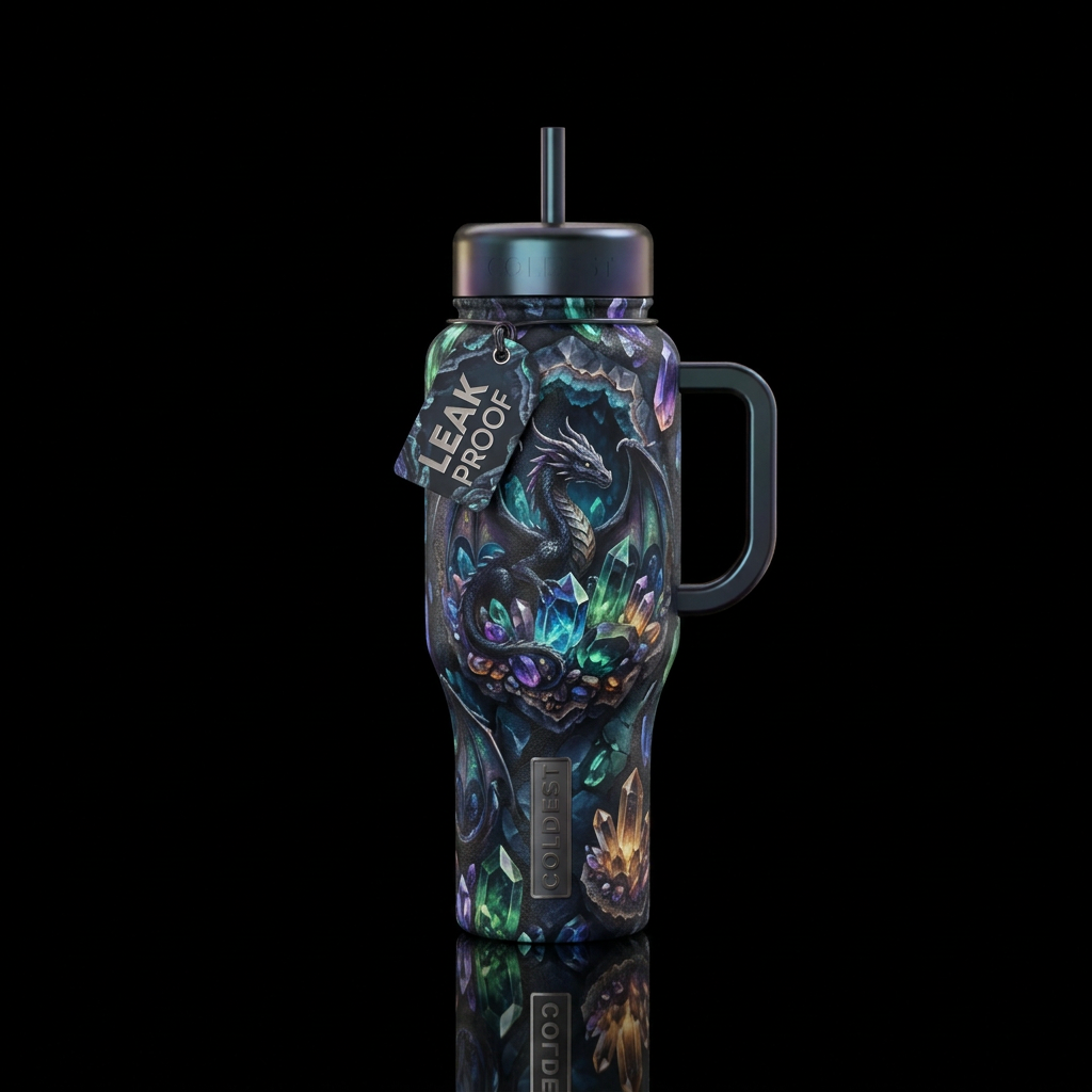 haunted, gemstone, dark mood, dragon, whimsical water bottle design