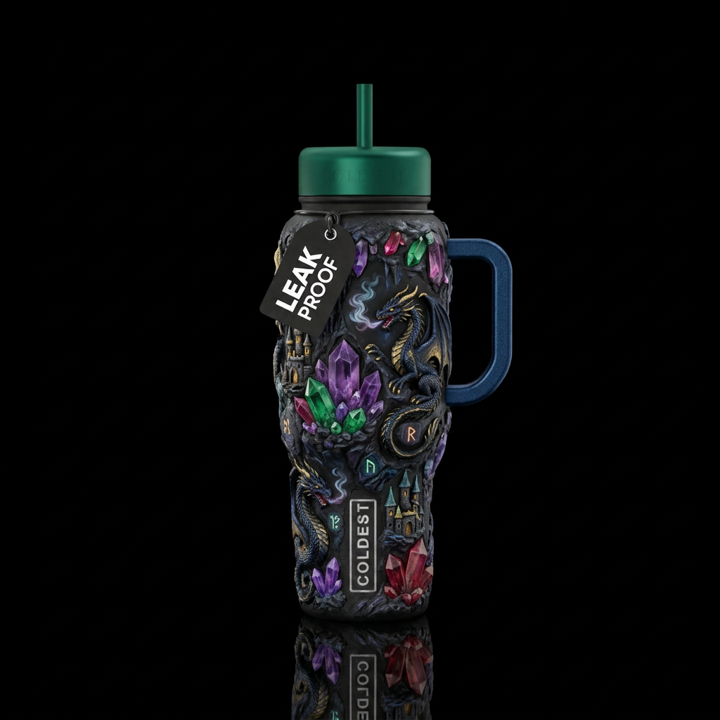 haunted, gemstone, dark mood, dragon, whimsical water bottle design