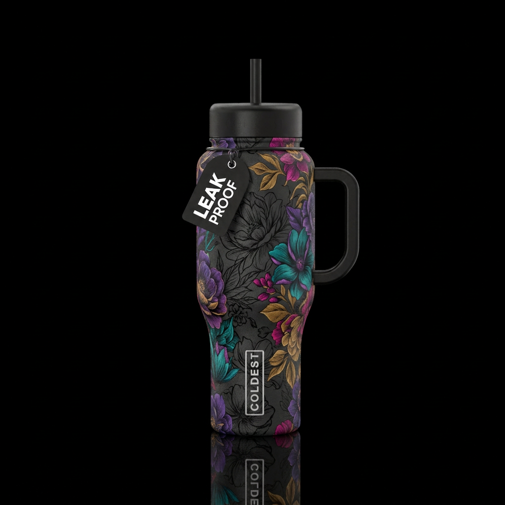 floral, charcoal, vibrant, beautiul water bottle design