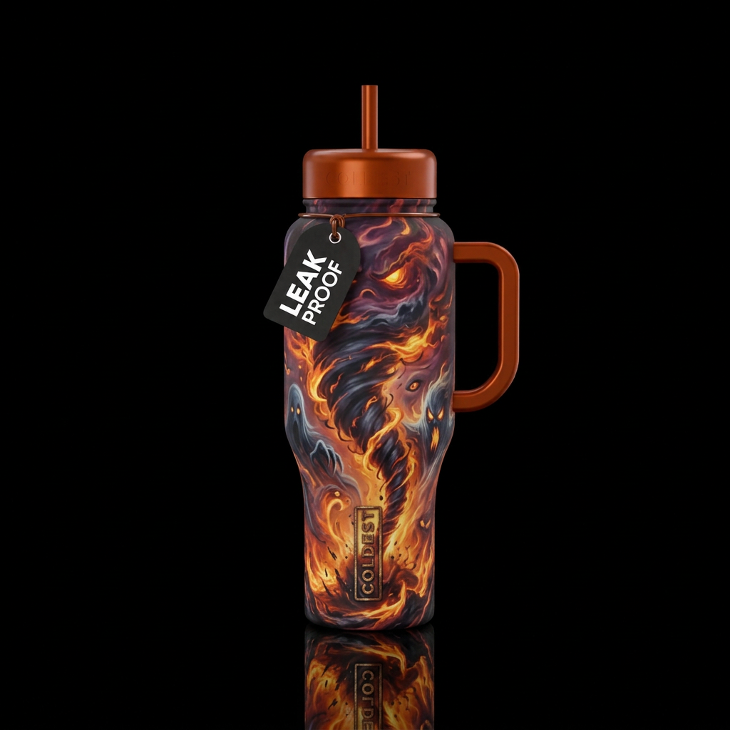 firery, tornado, haunted water bottle design
