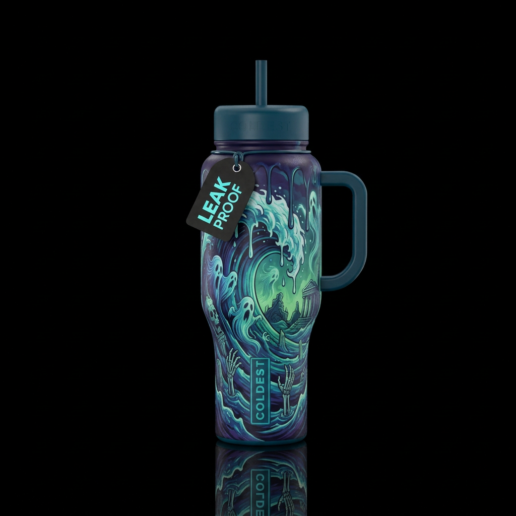 haunted, dripping, tsunami water bottle design