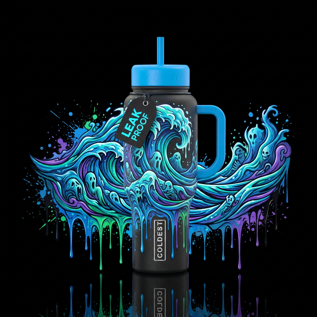 haunted, dripping, tsunami water bottle design