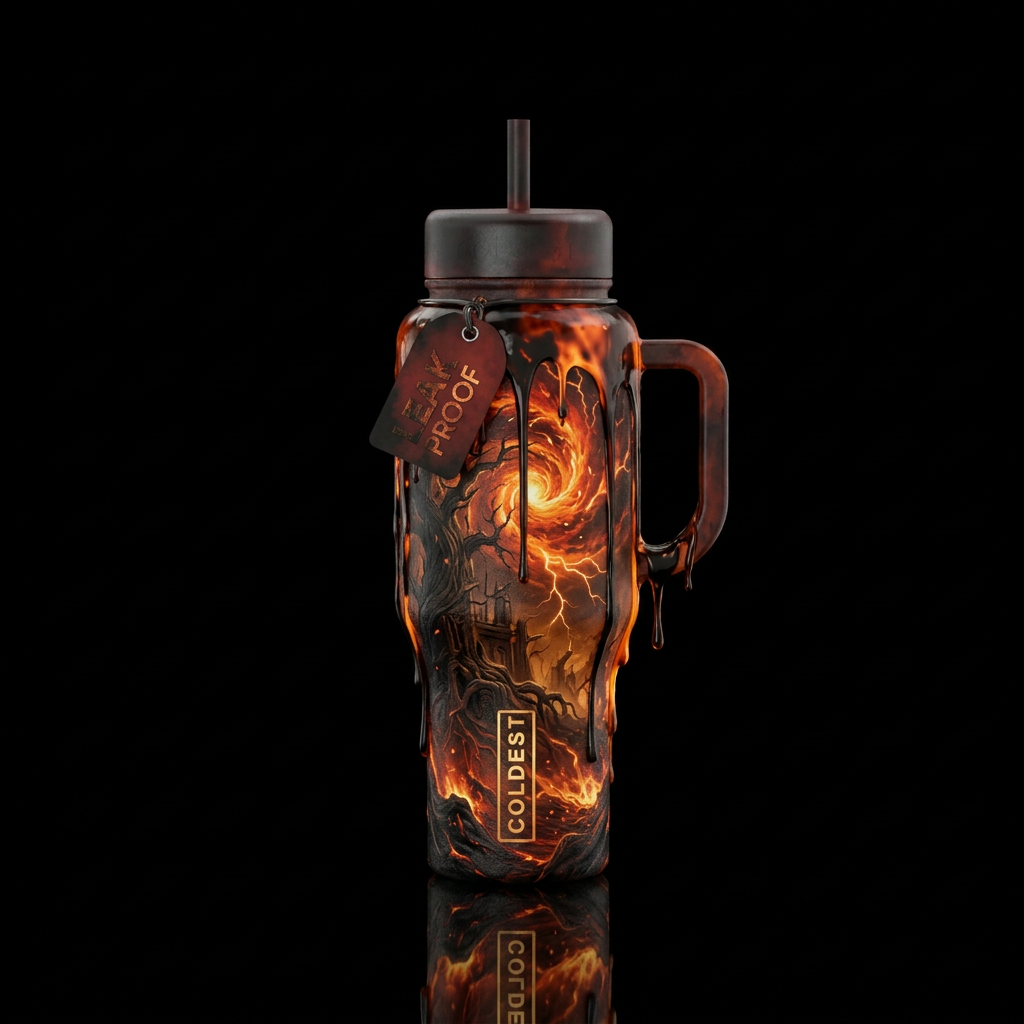 darkness, haunted, dripping, fire storm water bottle design
