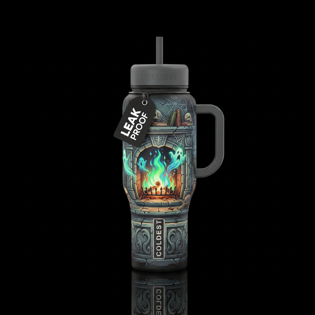 Haunted fire place water bottle design