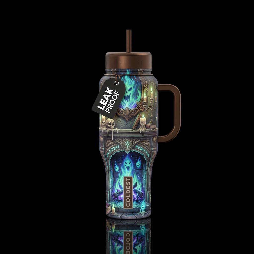 Haunted fire place water bottle design