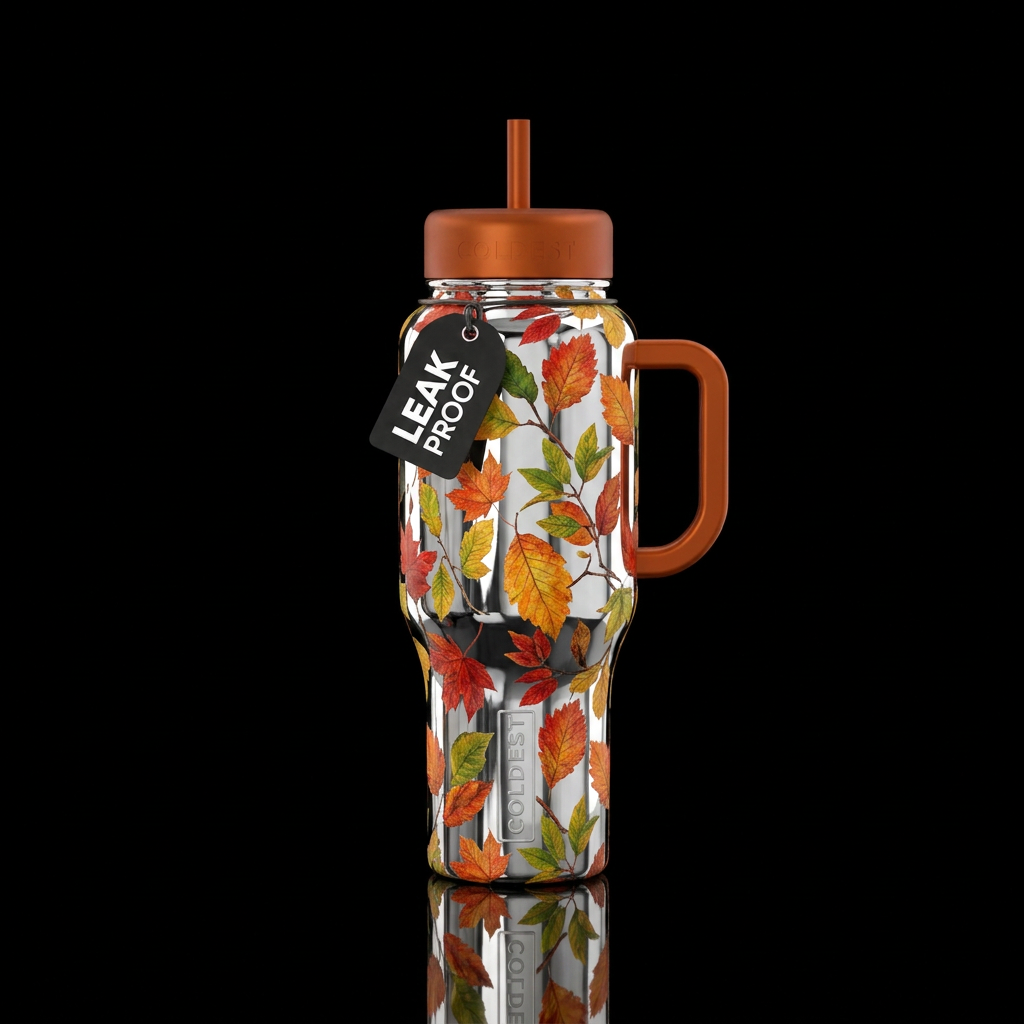 vibrant, autumn leaves, chrome water bottle design