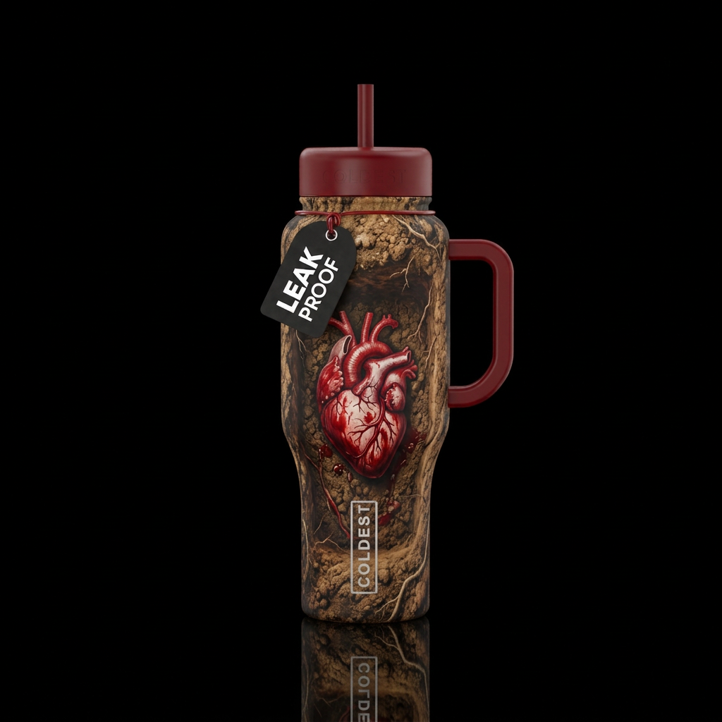 Open grave with bloody heart water bottle design