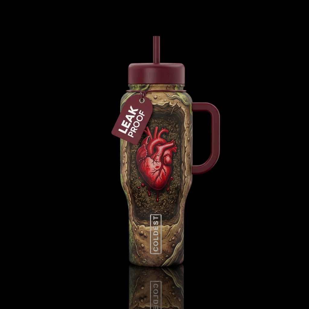 Open grave with bloody heart water bottle design