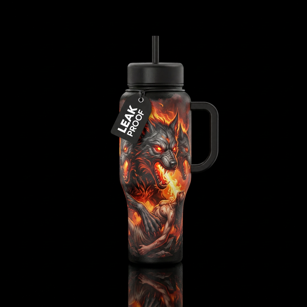 Hell hound eating a body water bottle design