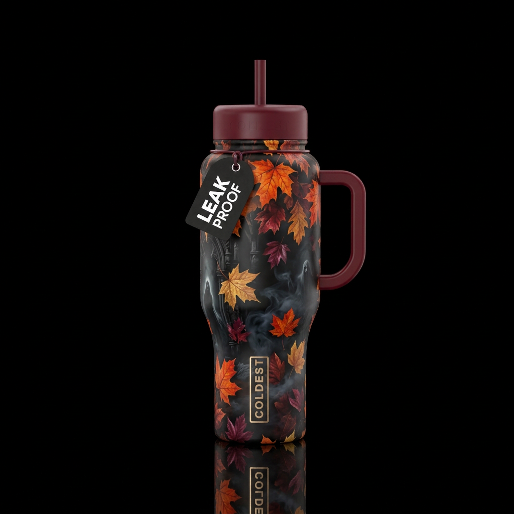 darkness, haunted, luxurious, autumn leaves water bottle design