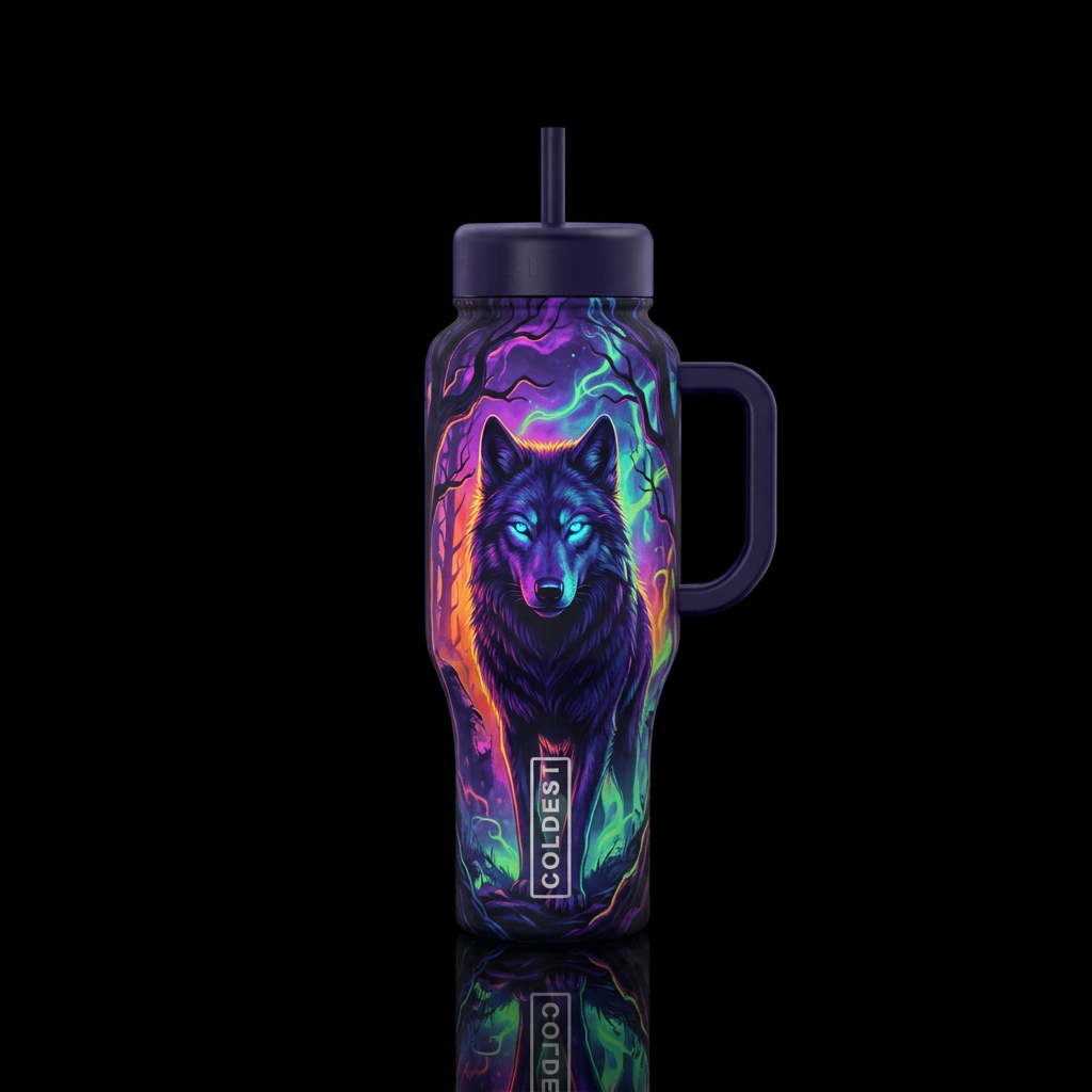 wolf, neon lights, haunted water bottle design