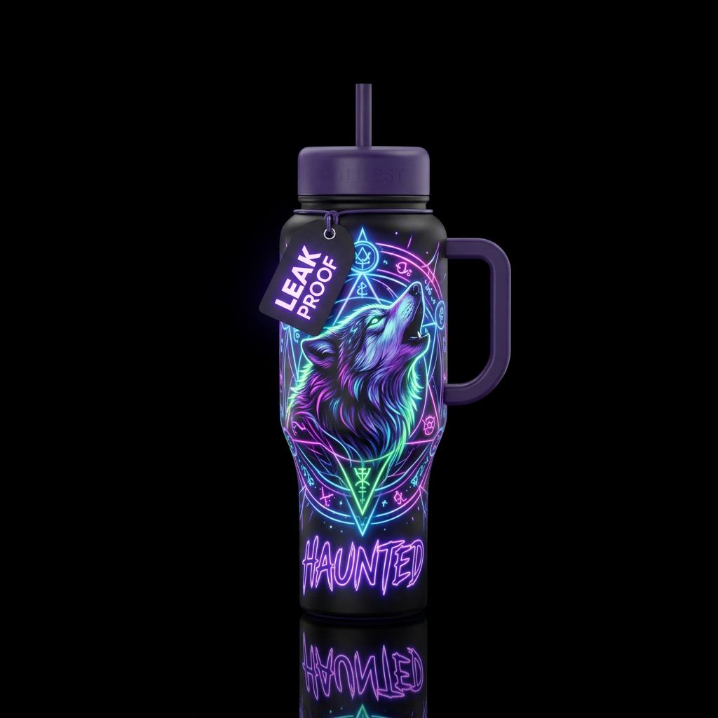 wolf, neon lights, haunted water bottle design