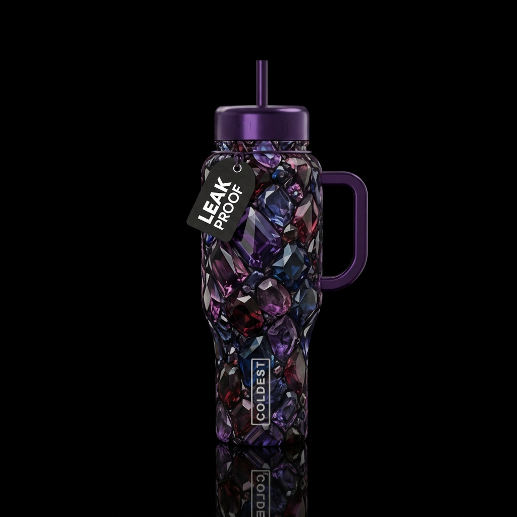 luxurious, dark mood, gemstone water bottle design