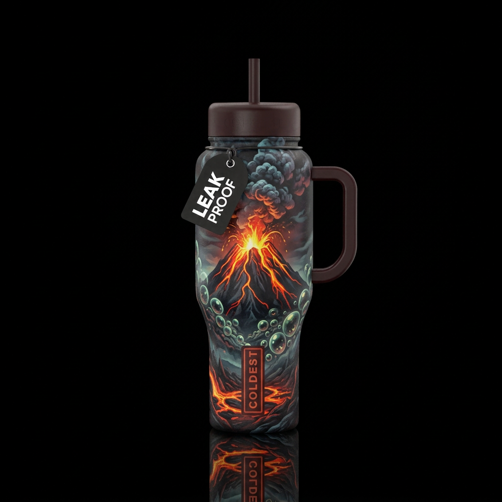 volcano, bubbles, scary, dark mood water bottle design