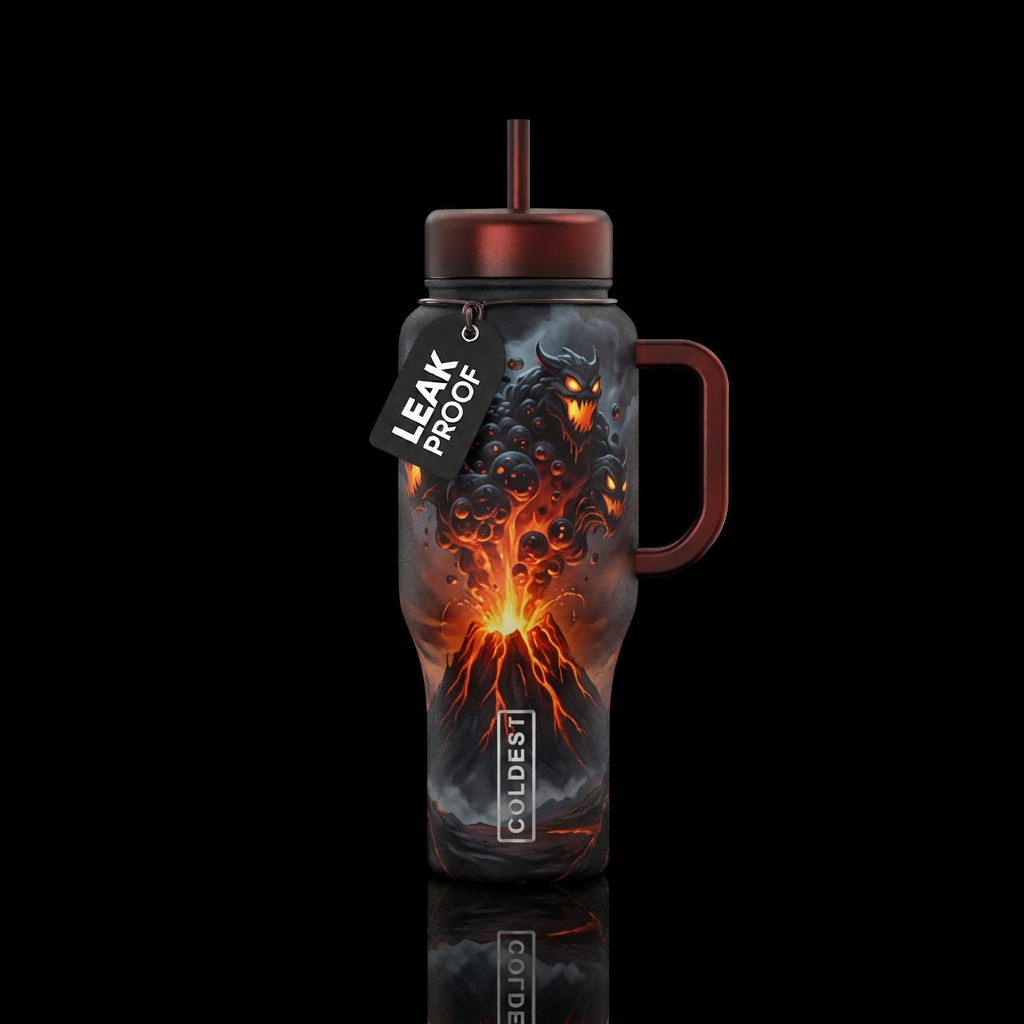volcano, bubbles, scary, dark mood water bottle design