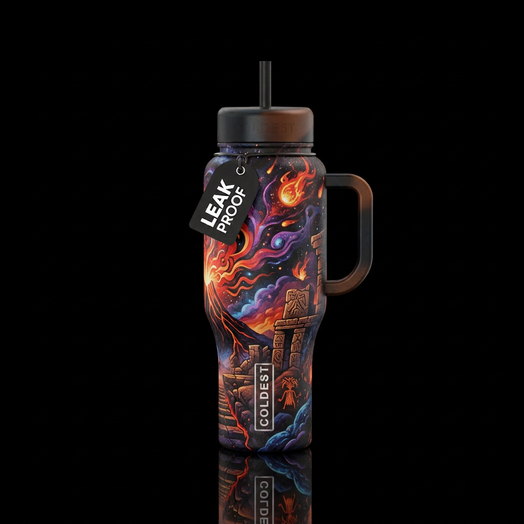 ancient, explosive, dark mood water bottle design