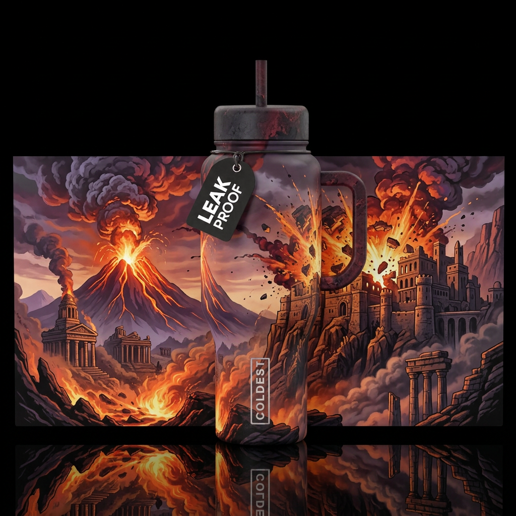 ancient, explosive, dark mood water bottle design