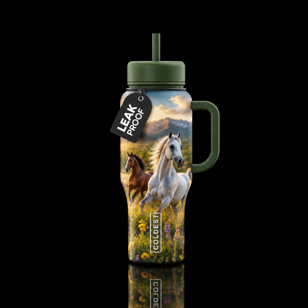 arabian horses in a field water bottle design