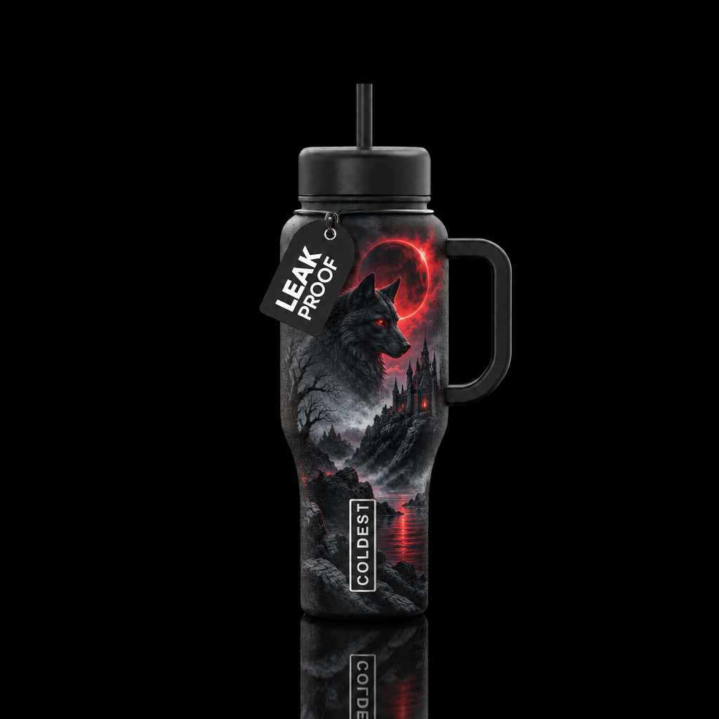 dark mood, darkness, haunted, mythical water bottle design