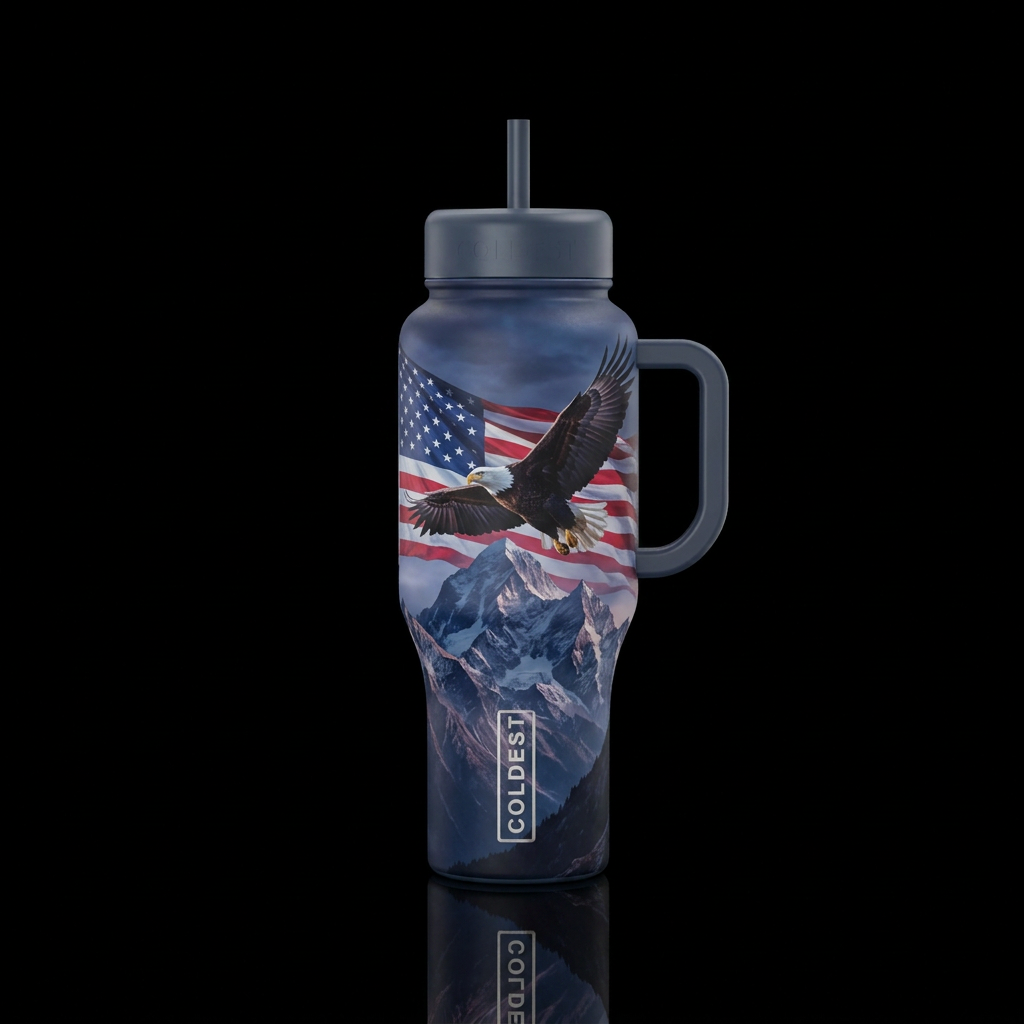 Mountains dim sky eagle flying American flag backg... water bottle design