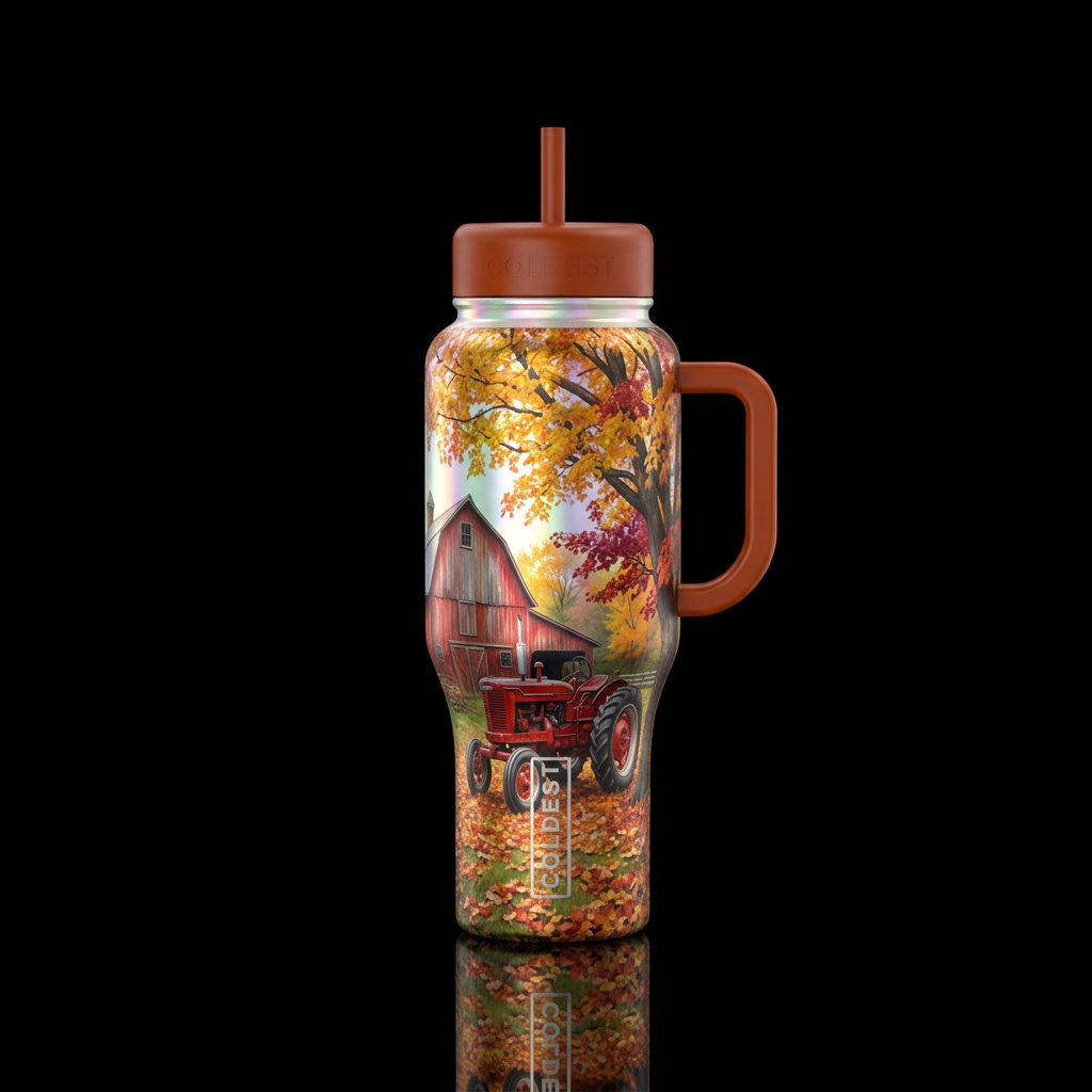 fall old barn farm red tractor color changing leaf... water bottle design