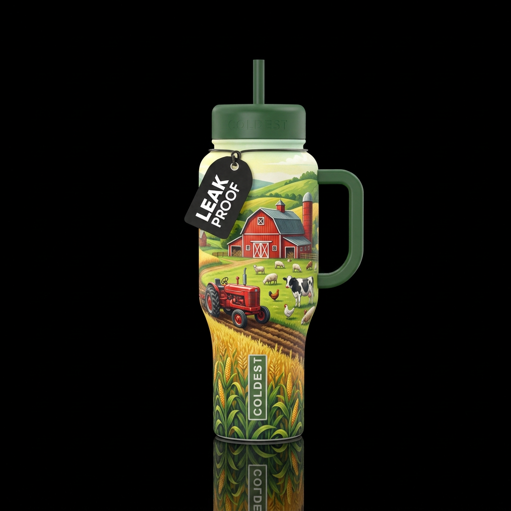 Field of corn, farm animals, red tractor, barn water bottle design