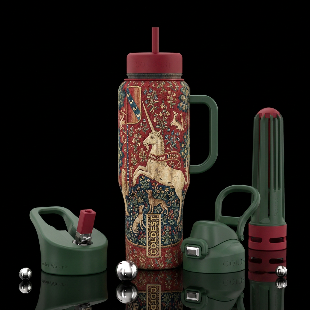 Medieval unicorn tapestry water bottle design