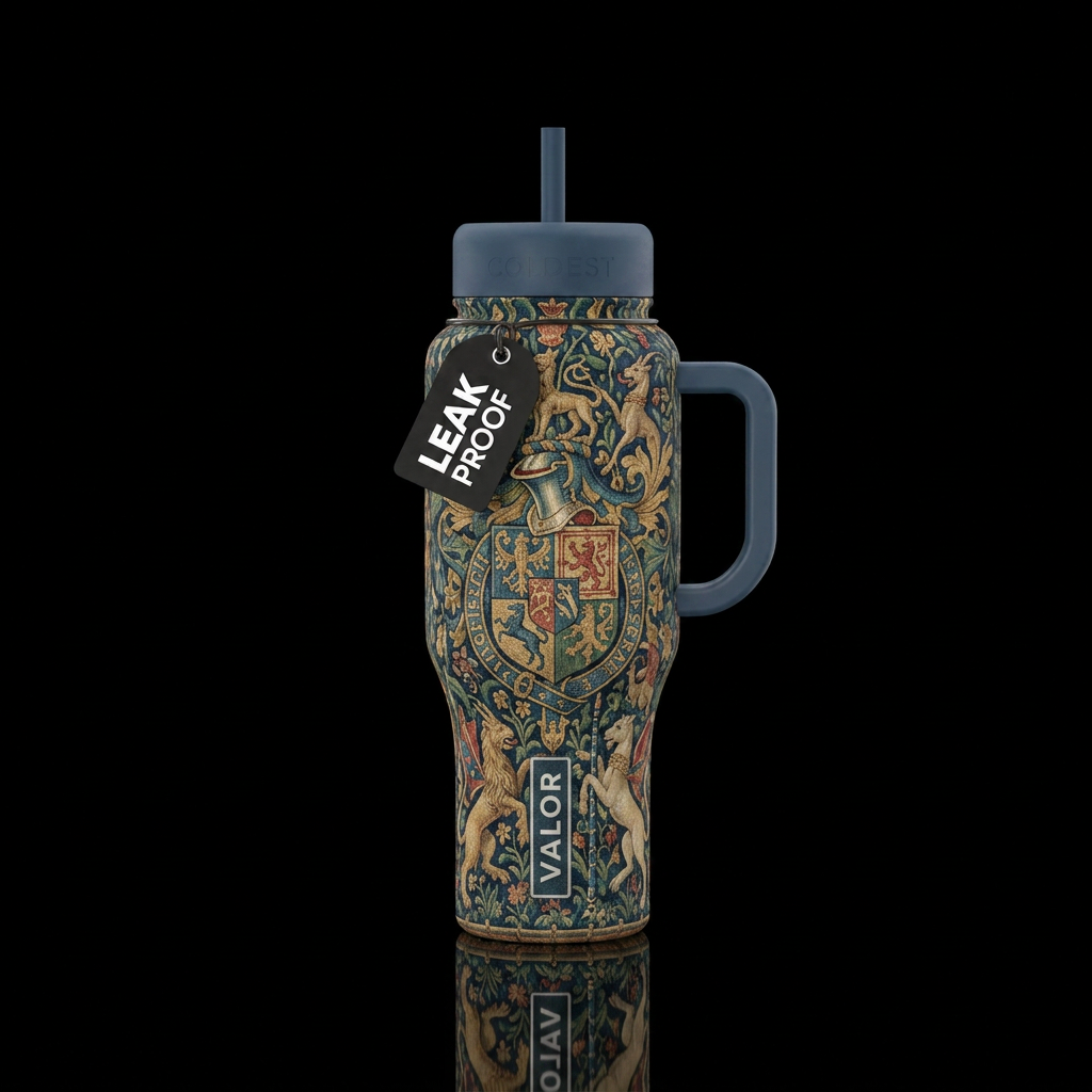 Medieval tapestry with stone blue lid and handle water bottle design