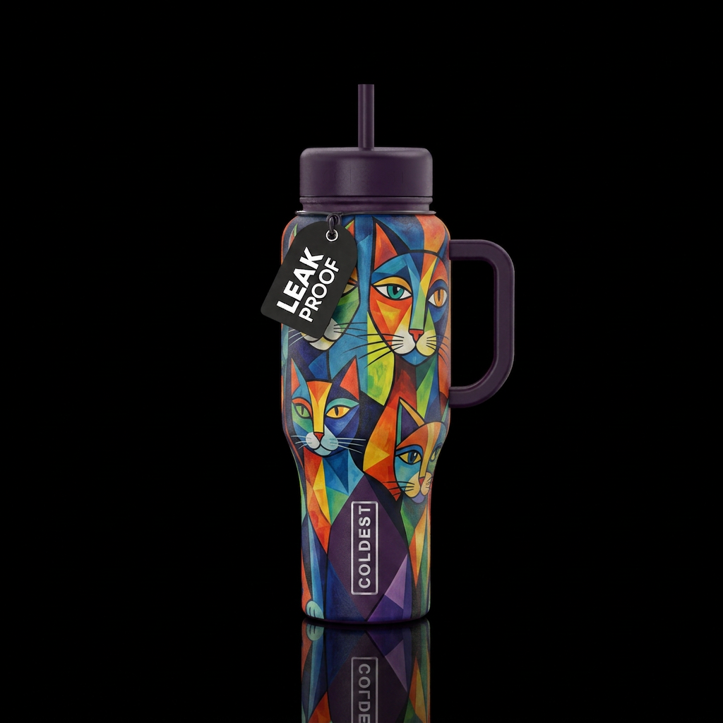 Abstract cats Picasso style  with a dark purple ha... water bottle design