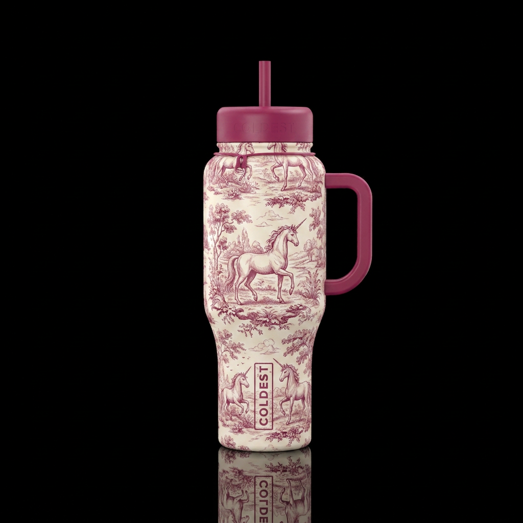 Toile unicorn with berry pink lid water bottle design