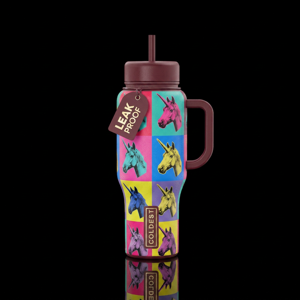 Warhol style unicorn with maroon lid water bottle design