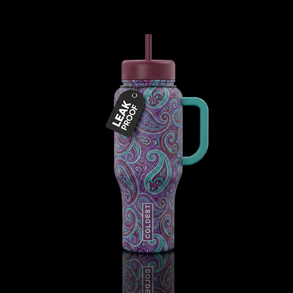 Purple, teal, and burgandy paisley swirl water bottle design