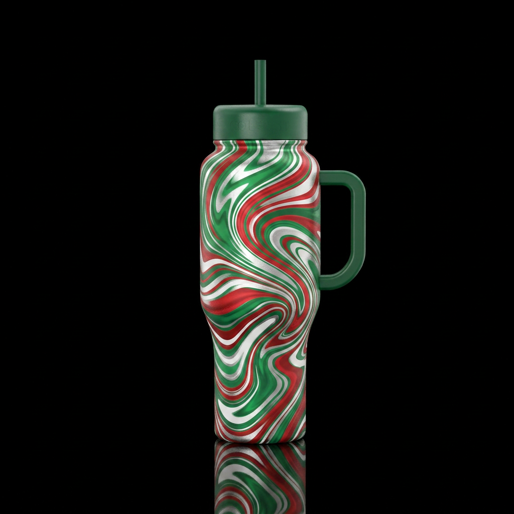 Green, red, white, and silver Christmas swirl water bottle design