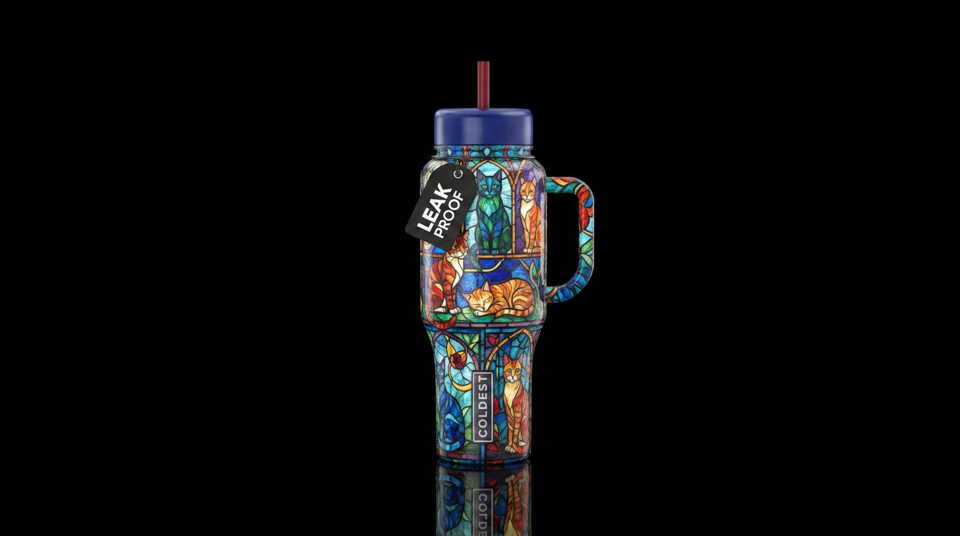 Stained glass cats water bottle design