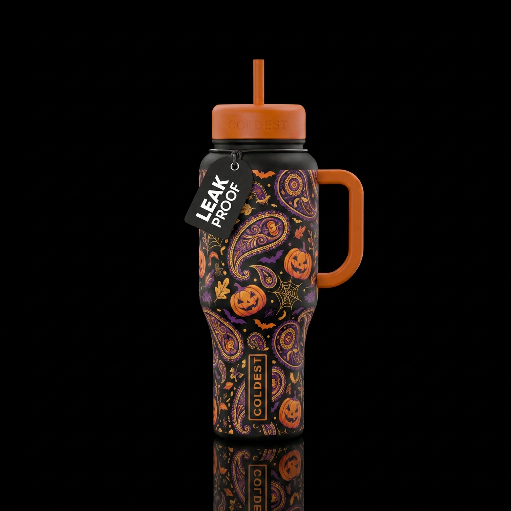 Halloween paisley and pumpkins water bottle design