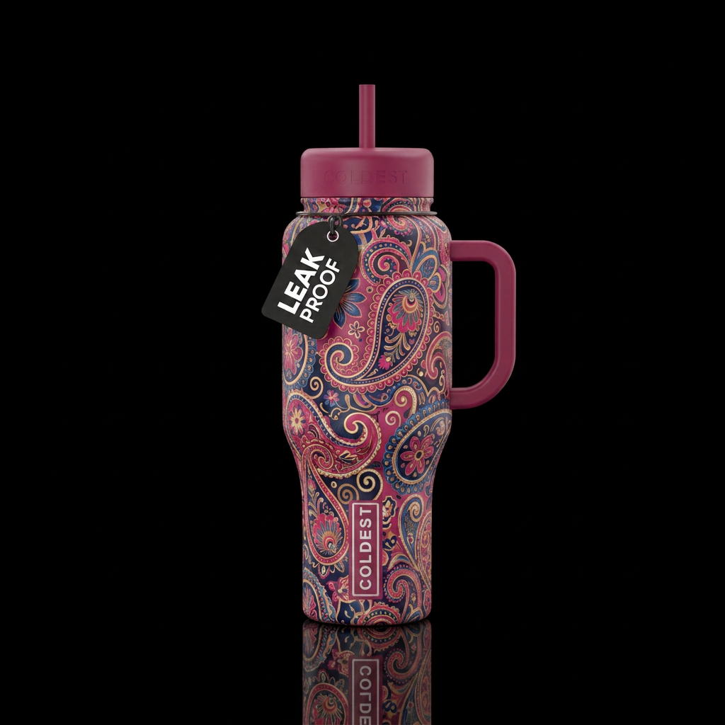 Storybook paisley with dark pink lid water bottle design